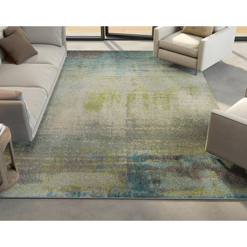Tapis bleu / vert mousse Leonidas, Rectangle 3 pi 3 po x 4 pi 11 po