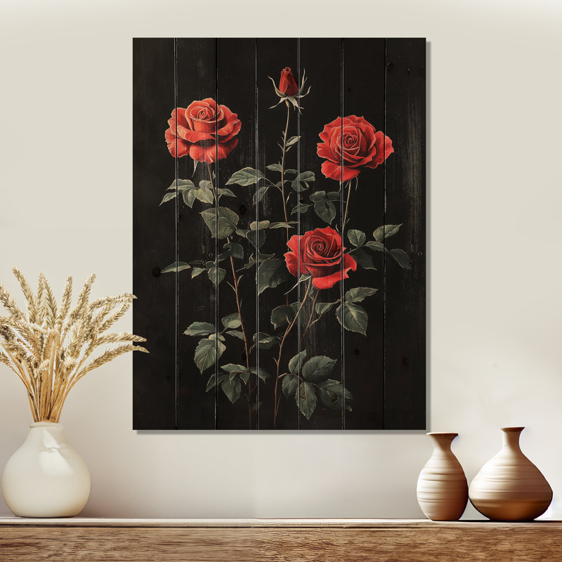 Midnight Vivid Rose Flowers Elegance - Roses Wood Wall Decor - On Natural Pine Wood, 20" H x 10" W x 0.78" D