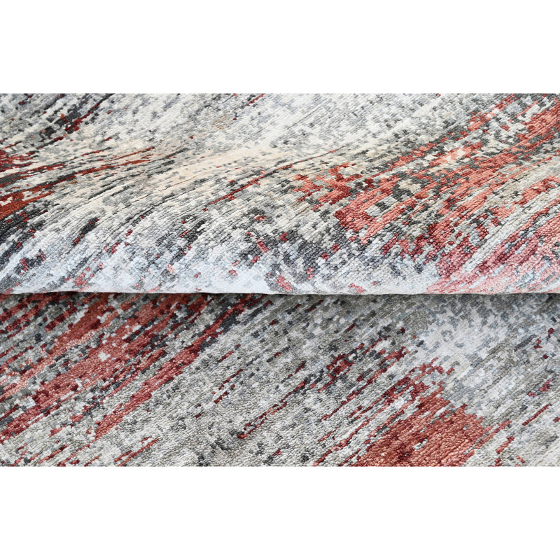 Hand Knotted Abstract Area Rug in Gray/Black/Red, Rectangle 8' x 10'