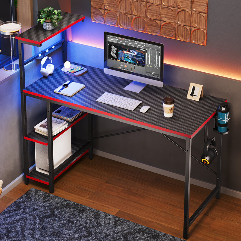 Nedyo Gaming Desk with RGB LED Light, Computer Desk with 4 Tier Reversible Storage Shelves, Hooks, Cup holder and Magnets