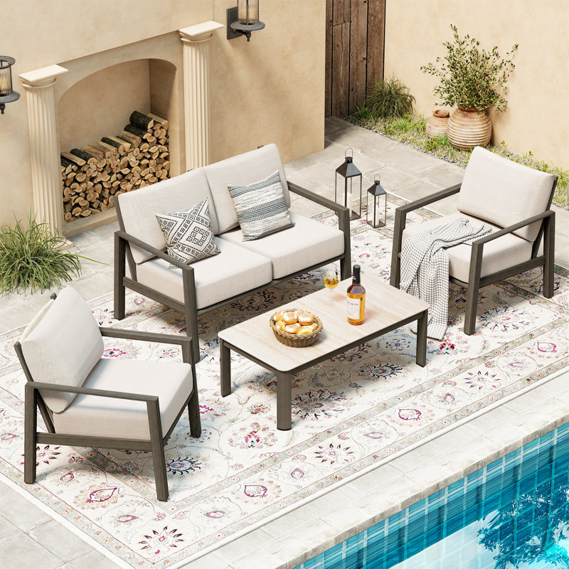 Avanna 4-Piece Brown Aluminum Patio Conversation Set With Light Grey Cushions And Coffee Table