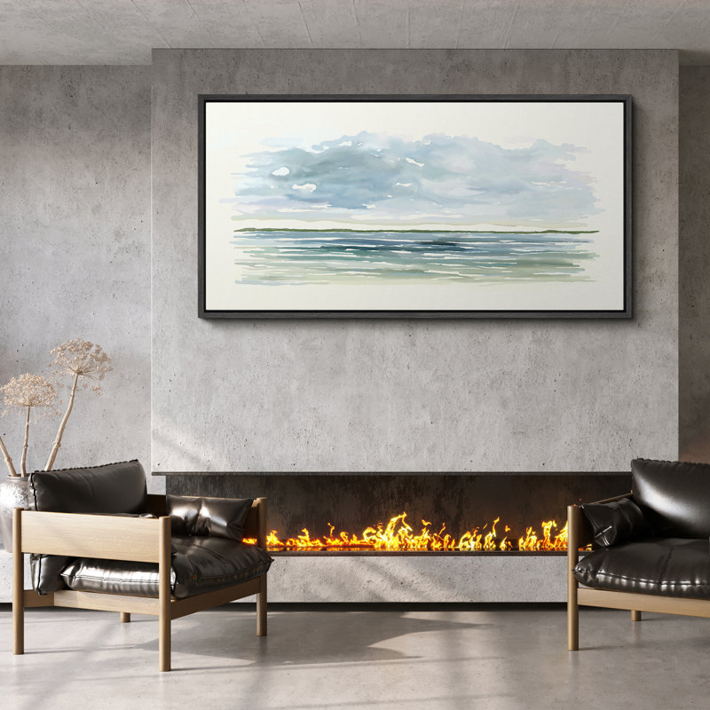 «Serene Sky and Sea», aquarelle encadrée sur toile - art mural minimaliste côtier, Noir, H 30 po x l 60 po
