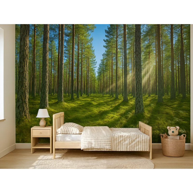 Pine Forest Wall Mural, Peel and Stick Self Adhesive Wallpaper, Sunlit Green Woodland Scene for Nursery, Kids Room and Living Room, Satin Finish, 65"W x 96"H