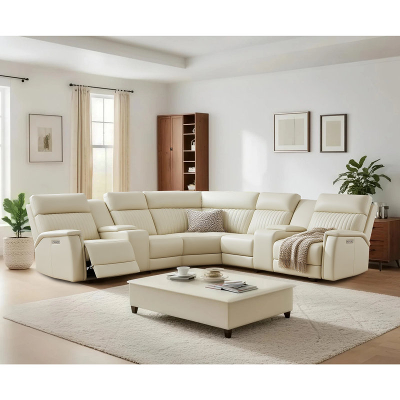 7-Piece, 3 Power Recliners Leather Reclining Sectional, Power Headrest & Lumbar, Power - Push Button