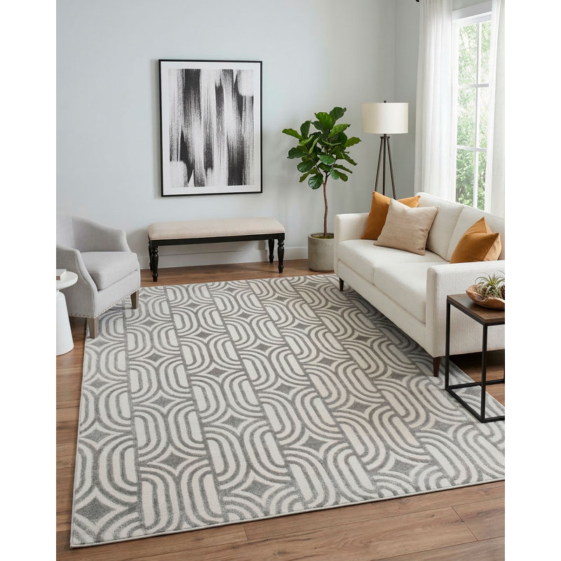 Utopia Geometric Shapes Area Rug in Grey, Rectangle 6'8" x 9'7"