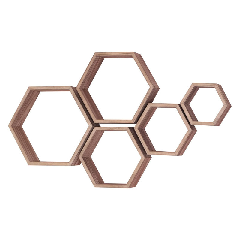 Hexagon Floating Shelves Set Of 5, Honeycomb Wall Shelves For Home Decor, Rustic Wood Storage Cubes For Bathroom Kitchen Bedroom Living Room Office
