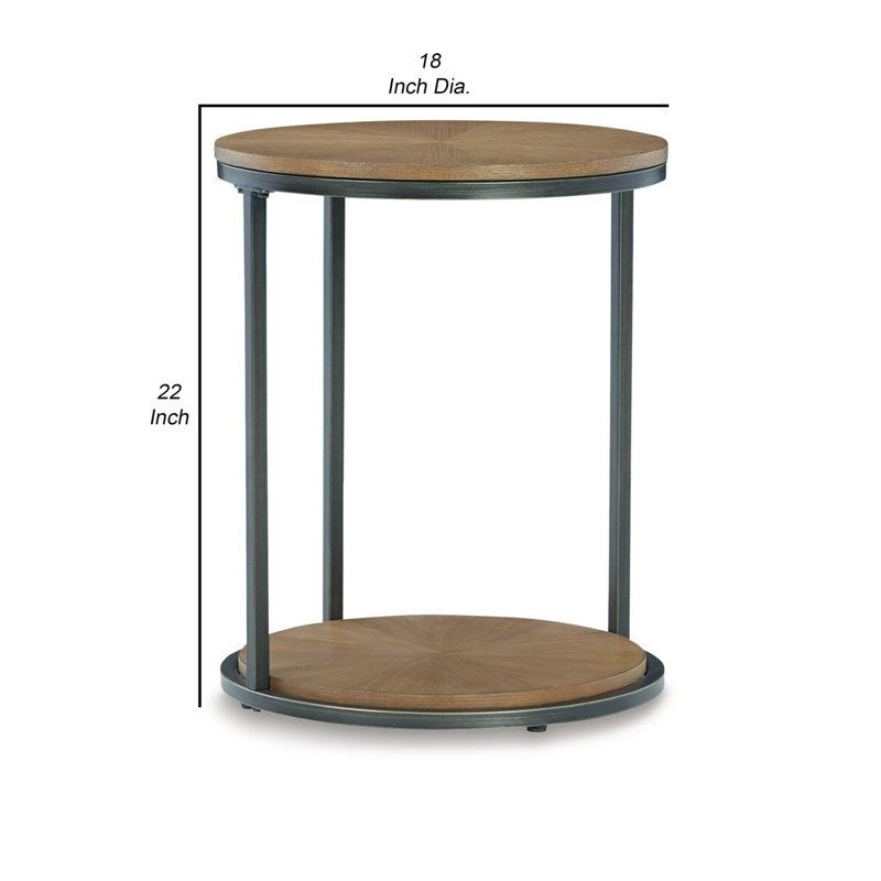 Round Black and Brown Wood Metal End Table with Storage