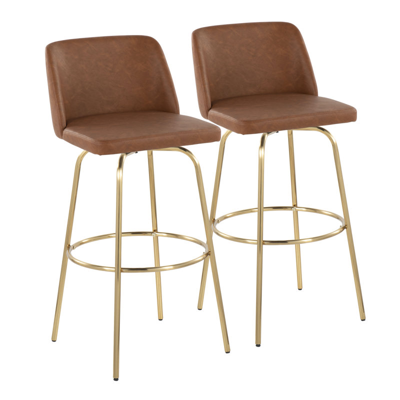 Camel Faux Leather and Gold Metal Swivel Bar Stools