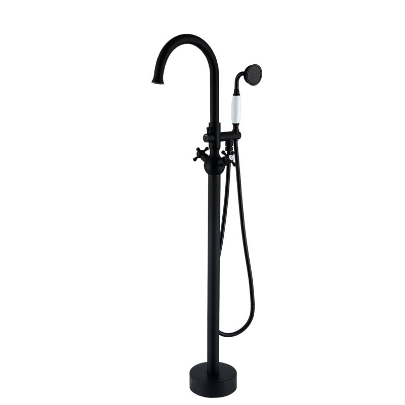 Robinet de baignoire autoportant avec douche à main - Métal, noir mat, baignoire encastrée noire additionnelle, fabrication en métal
