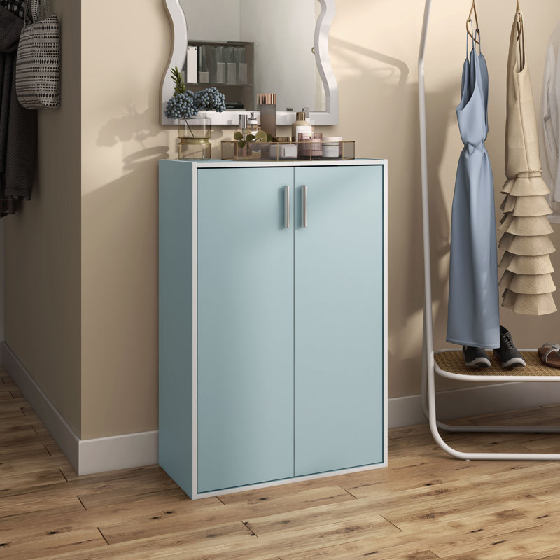 Bibliothèque de rangement à 3 niveaux en bois 35,5 "avec portes, Bleu clair