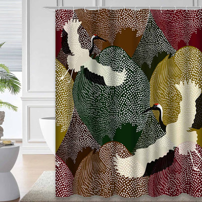Japanese Cranes Flying Forest Polka Dots Shower Curtain with 12 Hooks