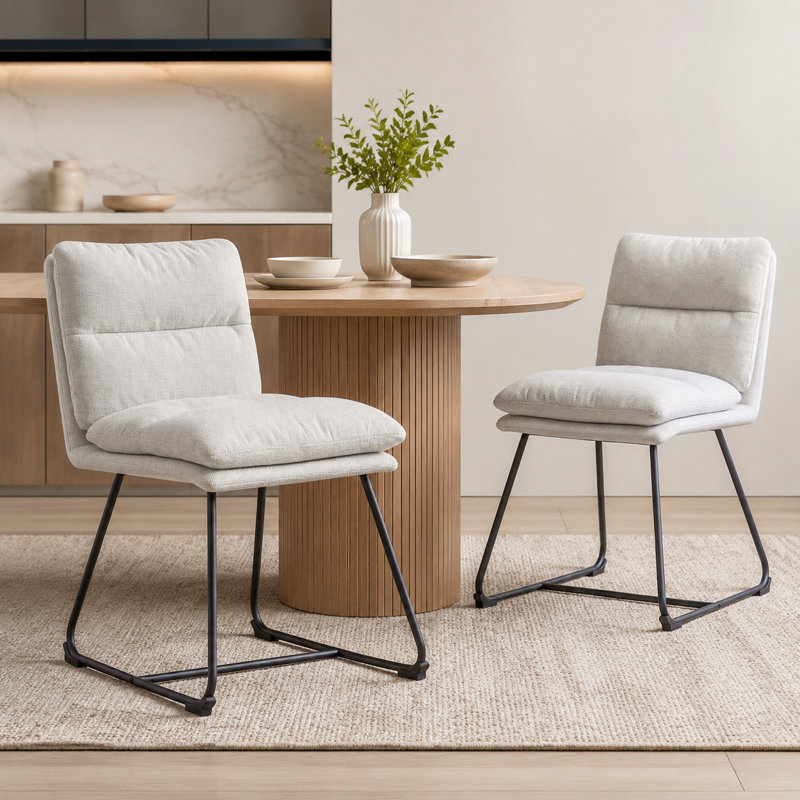 Jed Faux Leather/Linen Upholstered Dining Side Chair with Metal Sled Base, Linen Beige