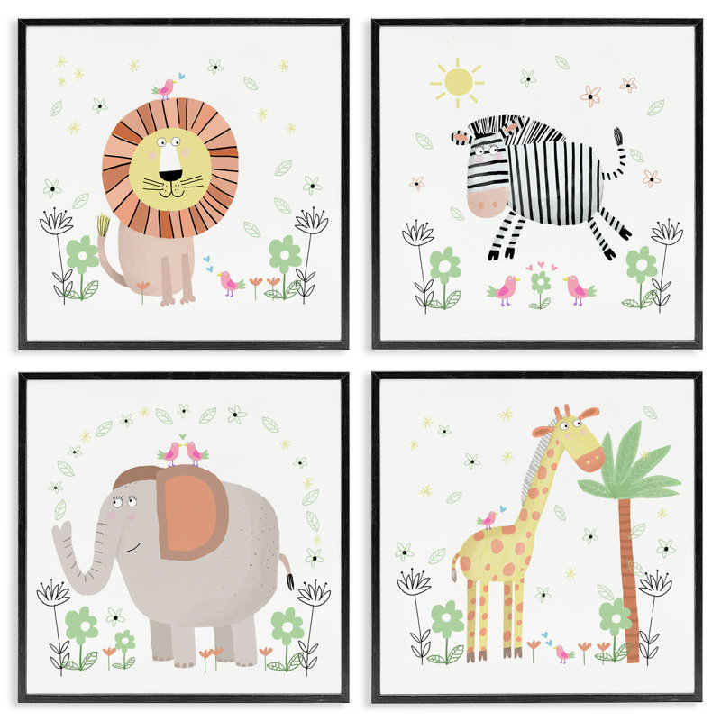 Ensemble de 4 giclées encadrées Baby Jungle Animals & Flowers par Carla Daly, H 12 po x l 48 po, Giclée encadrée noir minuit