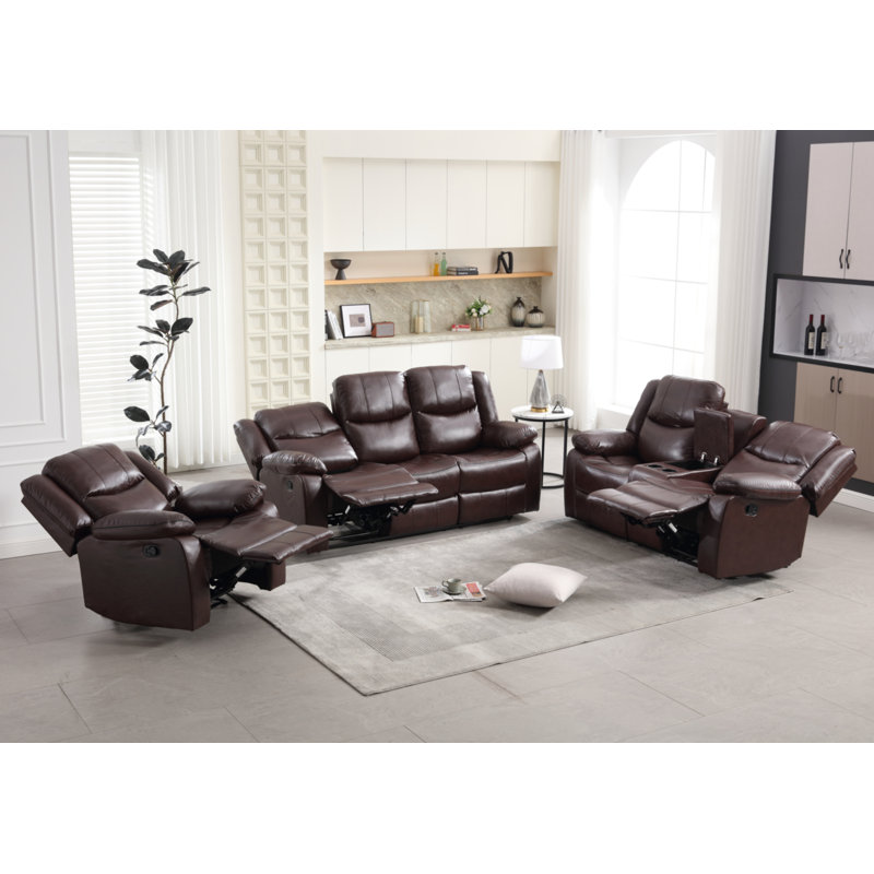 Kamarli Leather Manual Reclining Living Room Set, Brown