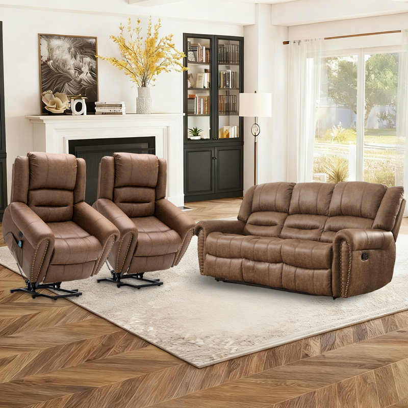 Ensemble de salon 3 pièces en cuir rétro et classique: 2 fauteuils inclinables électriques + canapé inclinable manuel à 3 places