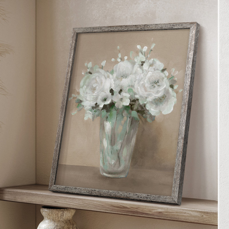 Reproduction encadrée de fleurs blanches - bois massif, H 11 po x l 9 po