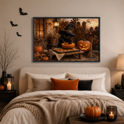 Tableau mural d'Halloween avec chapeau de sorcière chat noir et citrouille illuminée sur toile