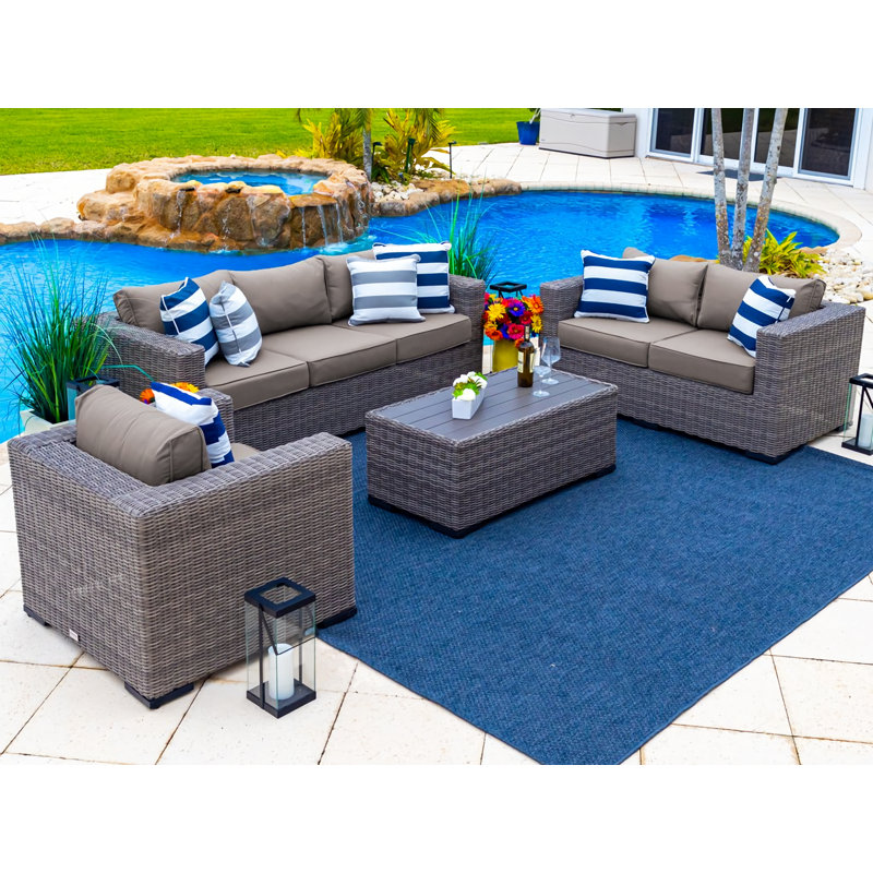 Ensemble de conversation en osier / rotin pour 6 personnes avec coussins Sunbrella Aleyza, Taupe