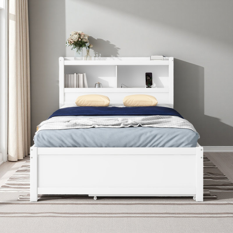 Lit plateforme double avec lit gigogne, tiroirs et prises USB, Blanc