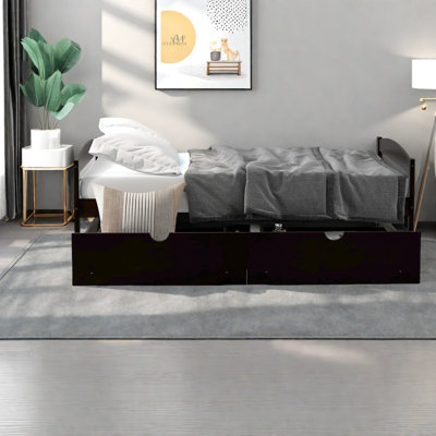 Lit plateforme simple avec rangement, bois de pin, espresso