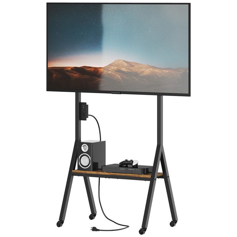 Meuble télé mobile à roulettes avec station de charge, support pour télé mobile avec tablette de rangement