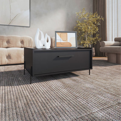 15" High Minimalistic Coffe Table With Pull Down Cabinet And Open Shelf