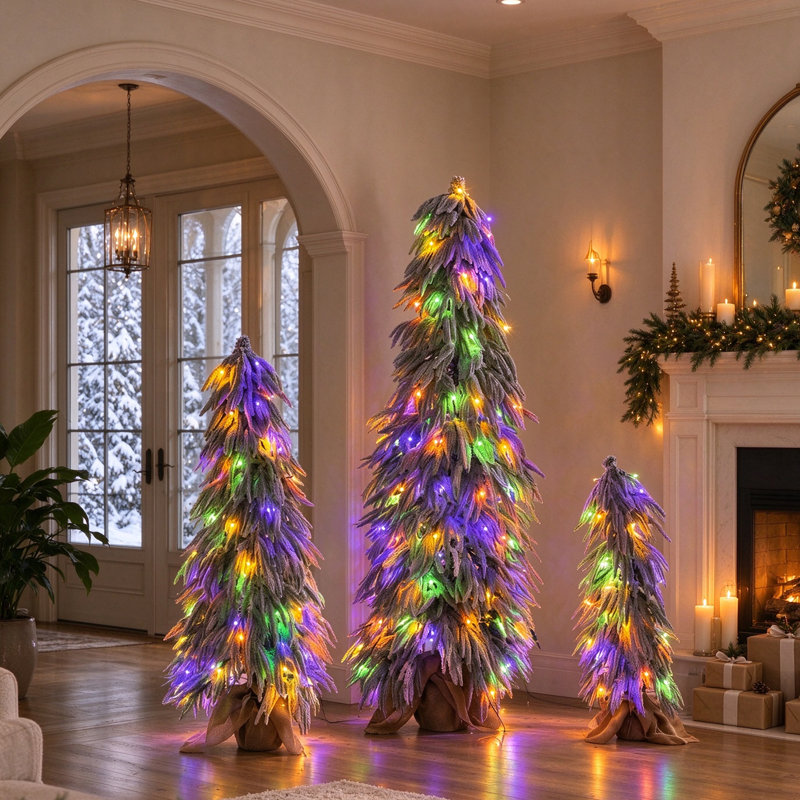 Ensemble de 3 sapins de Noël artificiels pré-illuminés et floqués – Sapins crayon artificiels de 90 cm / 135 cm / 180 cm avec 235 lumières DEL blanc chaud et multicolores, 11 modes d'éclairage et base en pot rustique en toile de jute – Décoration de Noël peu encombrante pour le salon, l'entrée et le porche