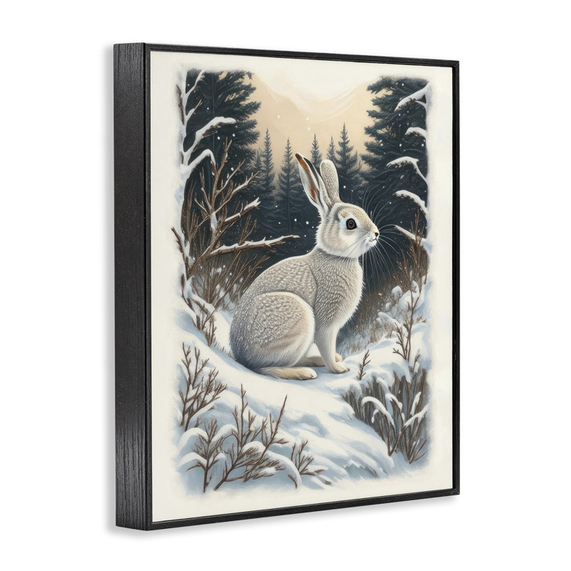 Lapin dans la forêt d'hiver, estampe numérique par Denise Dundon, Giclée encadrée noir minuit, H 14 po x l 11 po