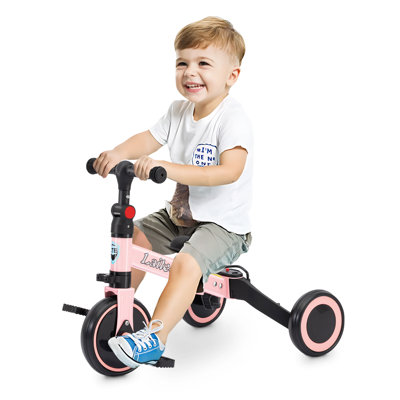 3 In 1 Tricycle For Toddlers Age 2-5 Years Old, Folding Kids Balance Bikes With Adjustable Seat & Removable Pedal, Indoor Outdoor Ride-On Toys For Infant, Baby Trike, Pink