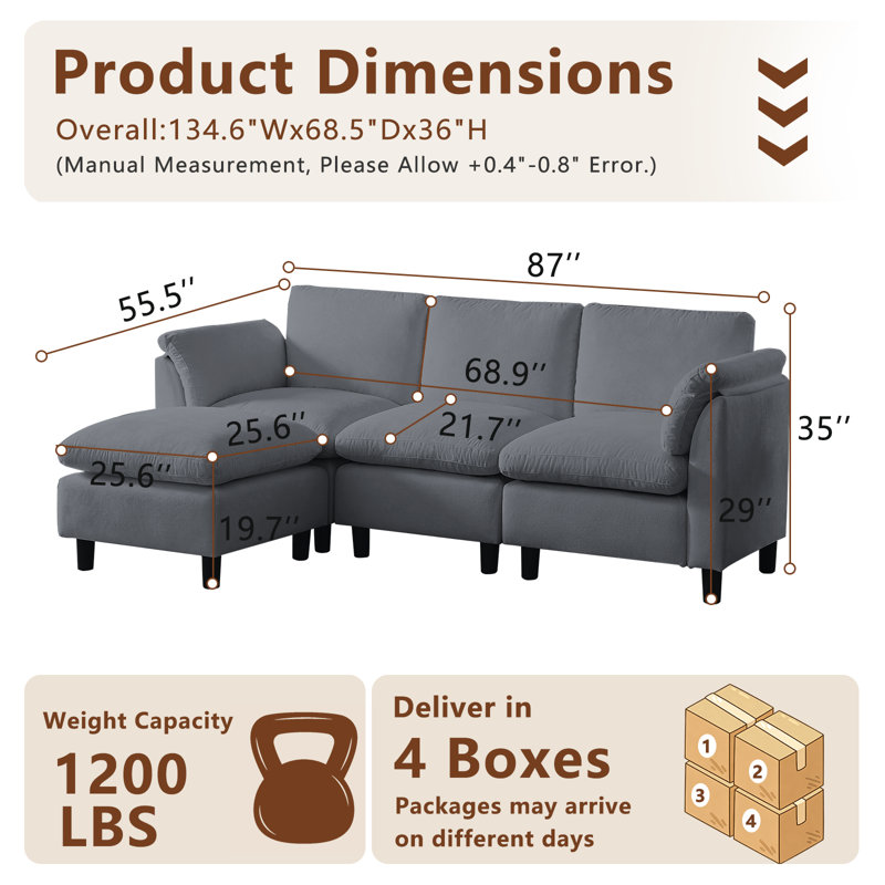 Modern L-Shaped Chenille Upholstered Sectional Couch for Living Room, 3 Seater Cloud Sofa with Ottoman-Gray, Gray