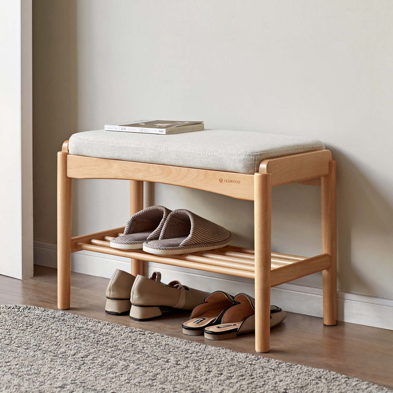 Banc à chaussures rembourré en chêne massif, H 16,53 po x l 23,62 po x P 11,8 po, Chêne naturel / beige