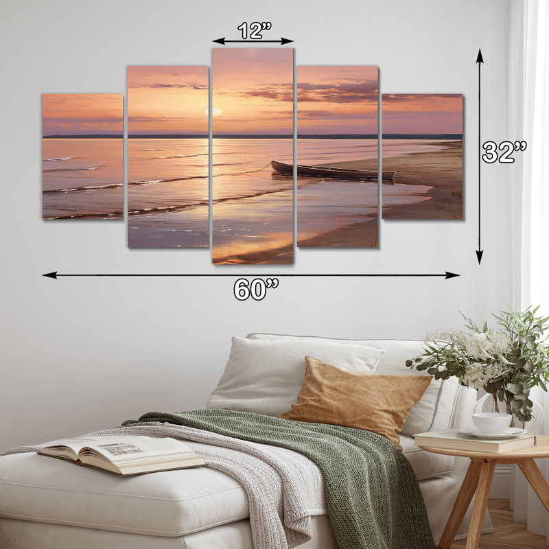 «Ocean Serenity Gentle Pink Beach Sunrise» - décoration murale plage - 5 panneaux