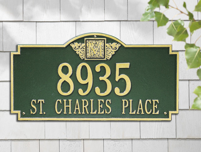 Plaque d'adresse murale monogramme à 2 lignes, Vert et or, Oui, 1