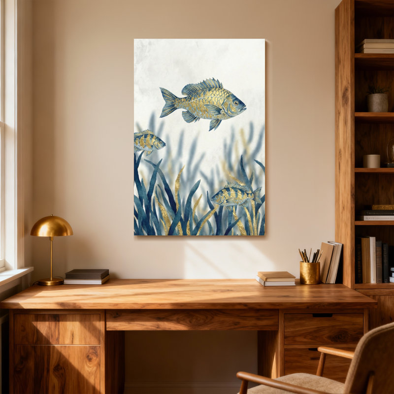Animaux, poissons nageant parmi des herbes marines, H 32 po x l 48 po