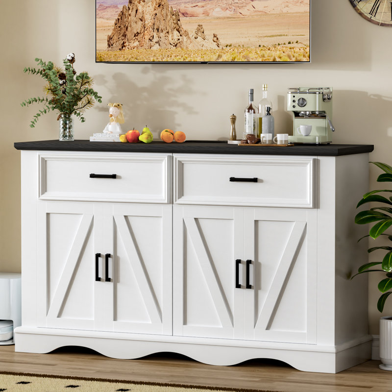 Buffet 56 po à 2 tiroirs, tablettes réglables, Noir / blanc