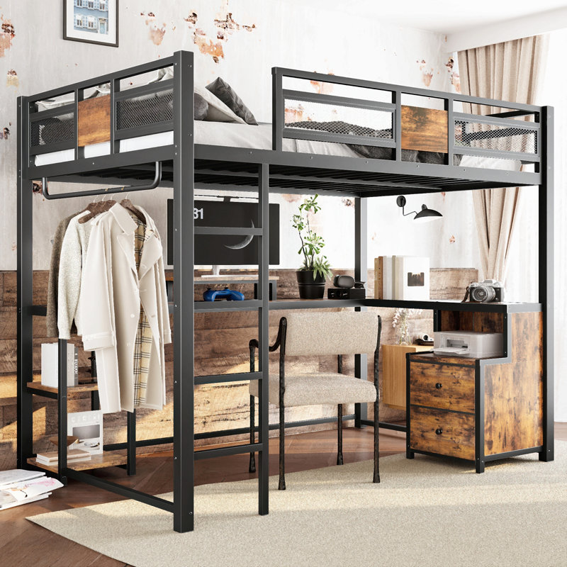 Lit mezzanine double avec bureau et tiroirs de rangement en tissu non tissé, structure de lit mezzanine en métal avec échelles