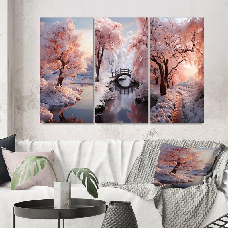 «Winter Landscape Frozen Sunlight», 3 pièces sur toile, H 28 po x l 36 po, Encadré naturel