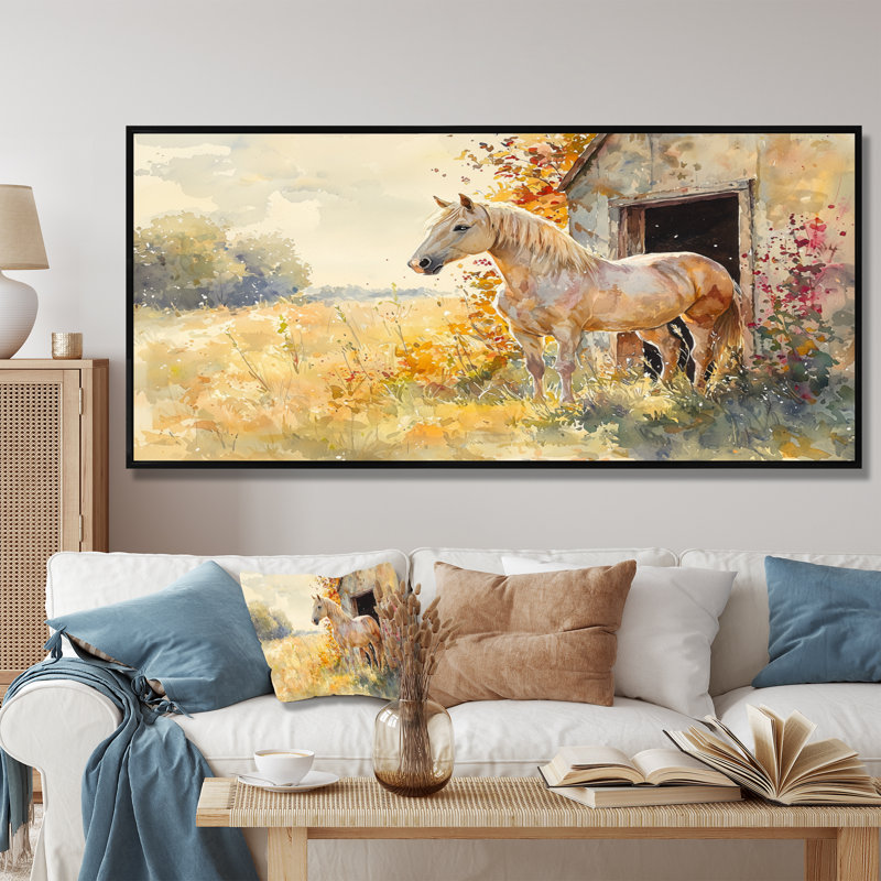 Donivin, portrait floral de cheval à la grange - art mural grand cheval, Impression sur cadre flottant, H 28 po x l 60 po