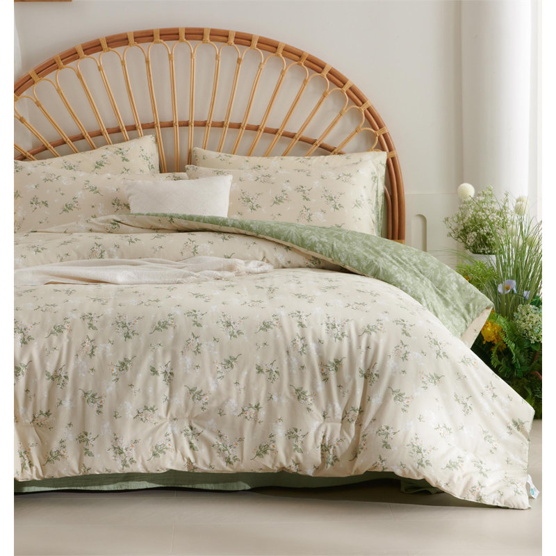 Nayoroom 3 Pieces Beige Green Floral Reversible Comforter Set Aesthetic Cottagecore Style Green Leaf Soft And Lightweight Bedding Set