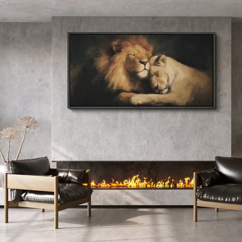 «Romantic Lion Couple», toile encadrée - Art animalier dans des tons chauds de terre, H 30 po x l 60 po, Noir