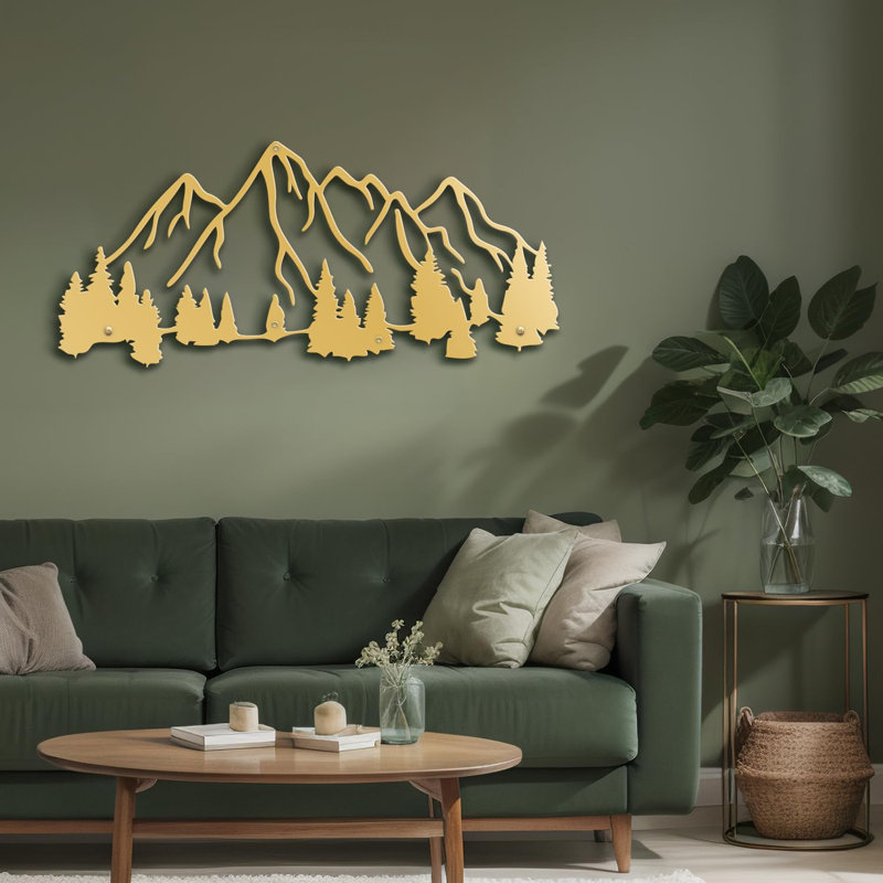 Décoration murale en métal décorative abstraite pittoresque forêt et montagne, H 13,5 po x l 30 po x P 0,05 po, Doré