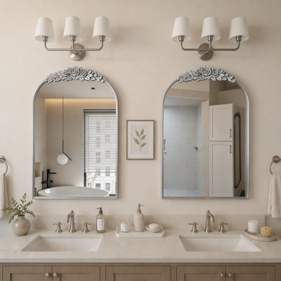 Armoire de salle de bain vintage en forme d'arche avec miroir, étagère réglable et crochets pour bijoux