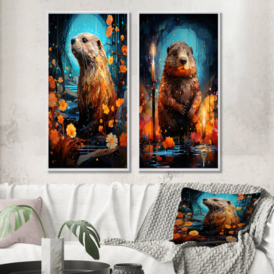 Orange Futuristic Beaver Builder Blooms I - Beaver Canvas Art Print Set Of 2