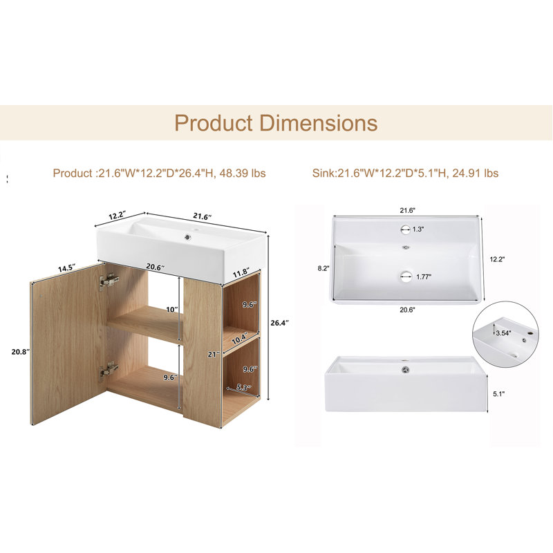 Micheals 21.6 inch Modern Floating Bathroom Vanity with Ceramic Basin,Right Side Storage, Wood