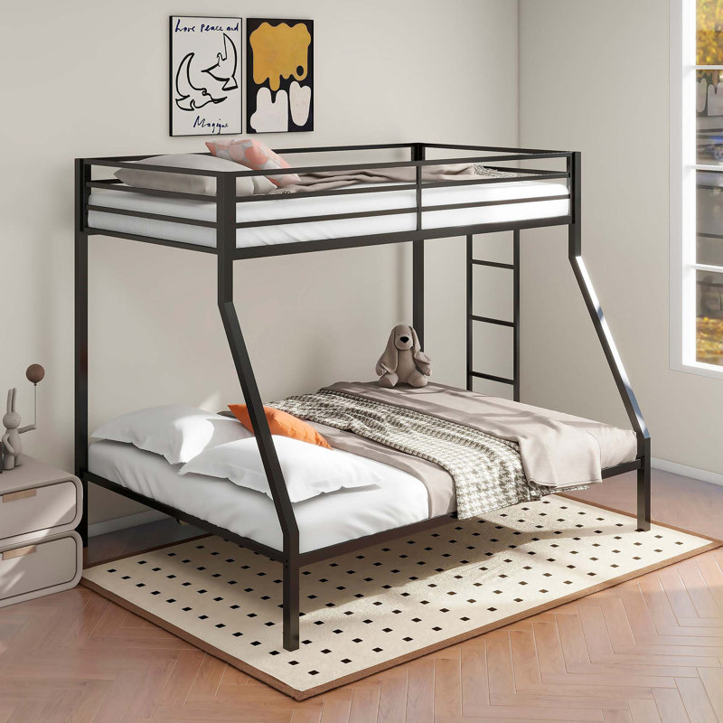 Lit superposé simple au-dessus d'un lit double en métal avec échelle intégrée, Noir