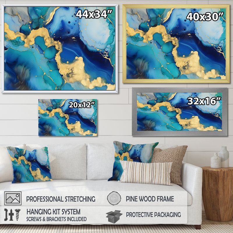 «Blue and Gold Luxury Abstract Fluid Art», reproduction d'art sur toile, H 24 po x l 32 po x P 1 po, Cadre photo noir