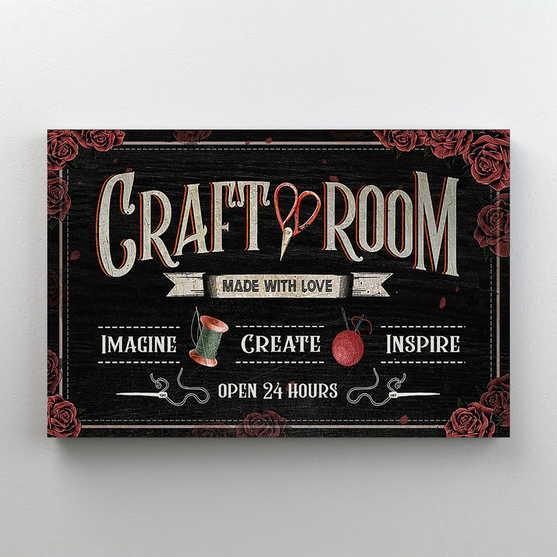 «Scissors And Spool - Craft Room Made With Love», reproduction d'art graphique sur toile tendue 1 pièce