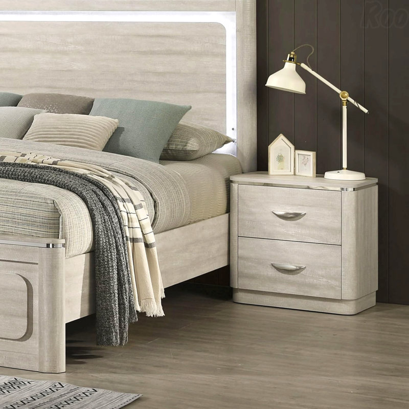 Table de chevet 1 pièce gris robuste, meubles de chambre à coucher de style contemporain avec poignée en acier inoxydable et bords courbés