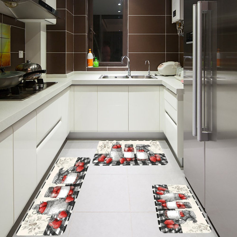 Strawberry Jar Buffalo Plaid Kitchen Rug 3 Pc Set for Kitchen & Porch