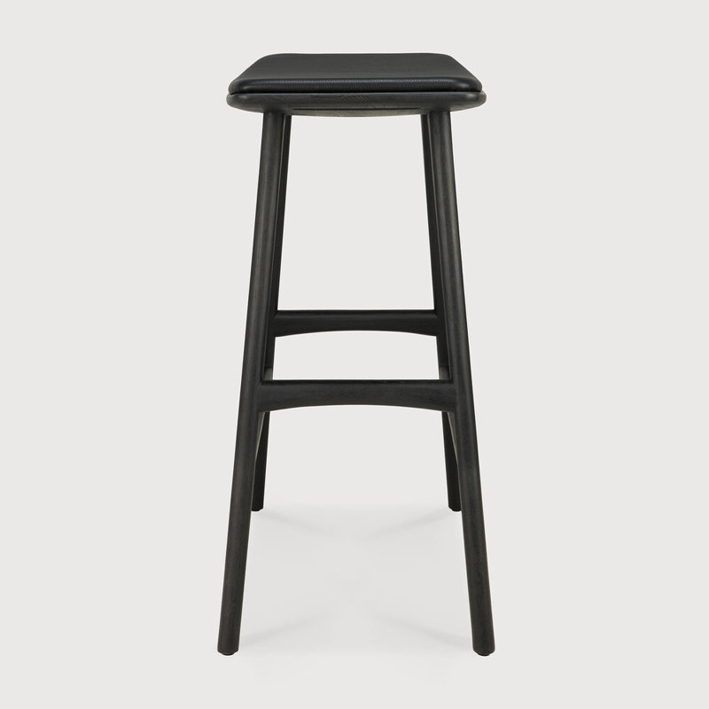 Osso Upholstered Stool with Solid Wood Frame, Varnished Black/Black
